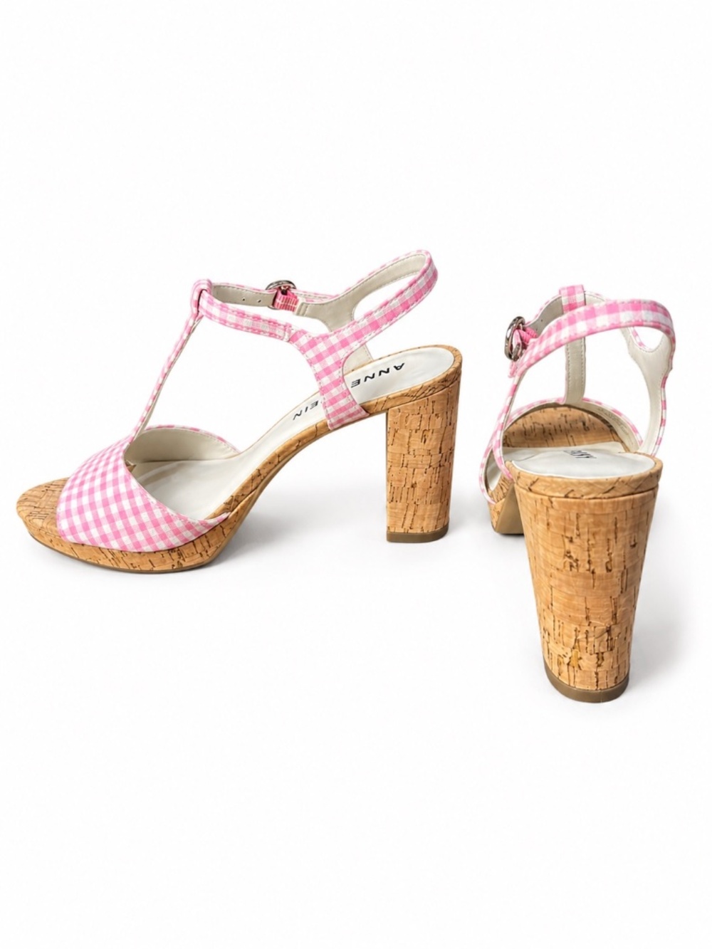 Anne Klein Pink Gingham Cork Platform T-Strap Block Heel Sandals Size 7.5 - Picture 5 of 9